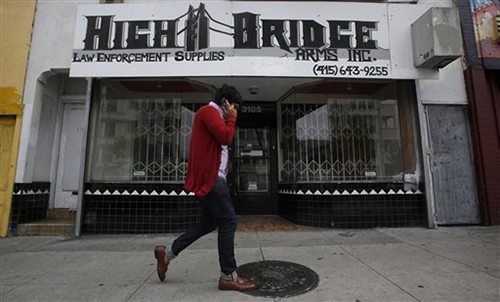 High Bridge Arms gun shop is shown in San Francisco, Wednesday, Sept. 8, 2010. Antigun advocates are expected to attend a Wednesday hearing and ask authorities to deny a permit to High Bridge Arms, which has operated for five decades on Mission Street. (AP Photo/Jeff Chiu)