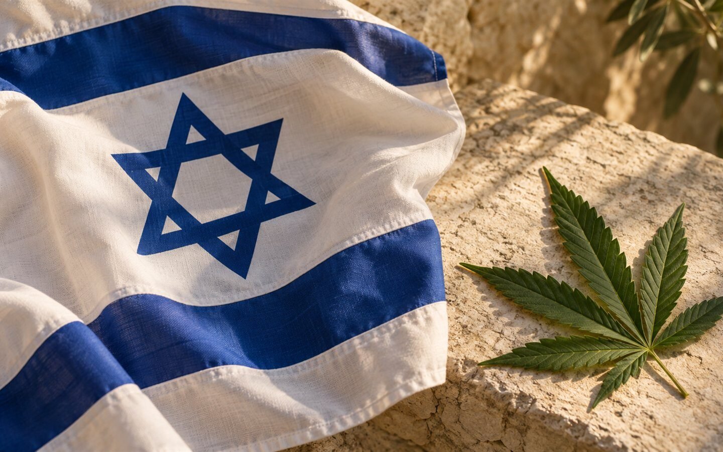 דגל ישראל לצד עלה קנאביס על אבן בהירה