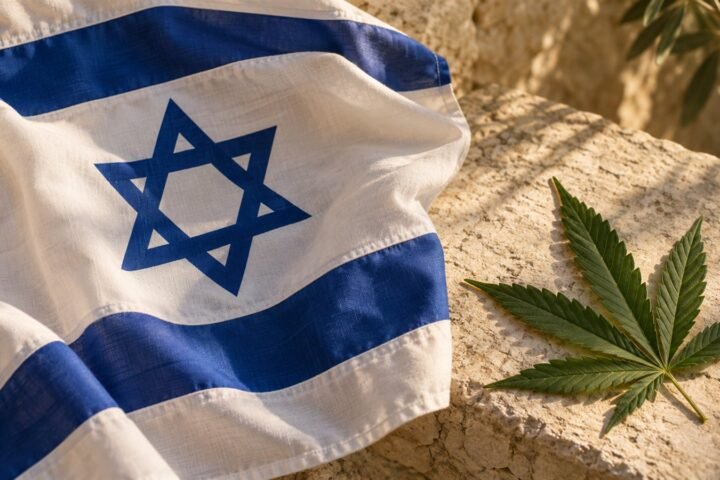 דגל ישראל לצד עלה קנאביס על אבן בהירה