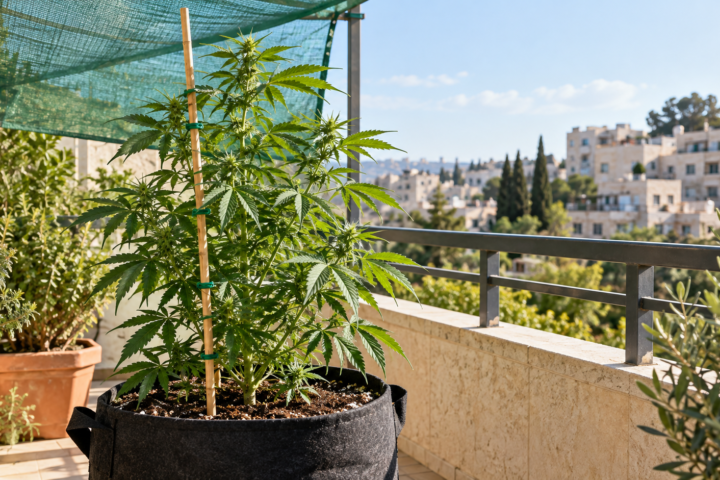 צמח קנאביס בעציץ בד במרפסת ישראלית עם רשת צל ומקל תמיכה
