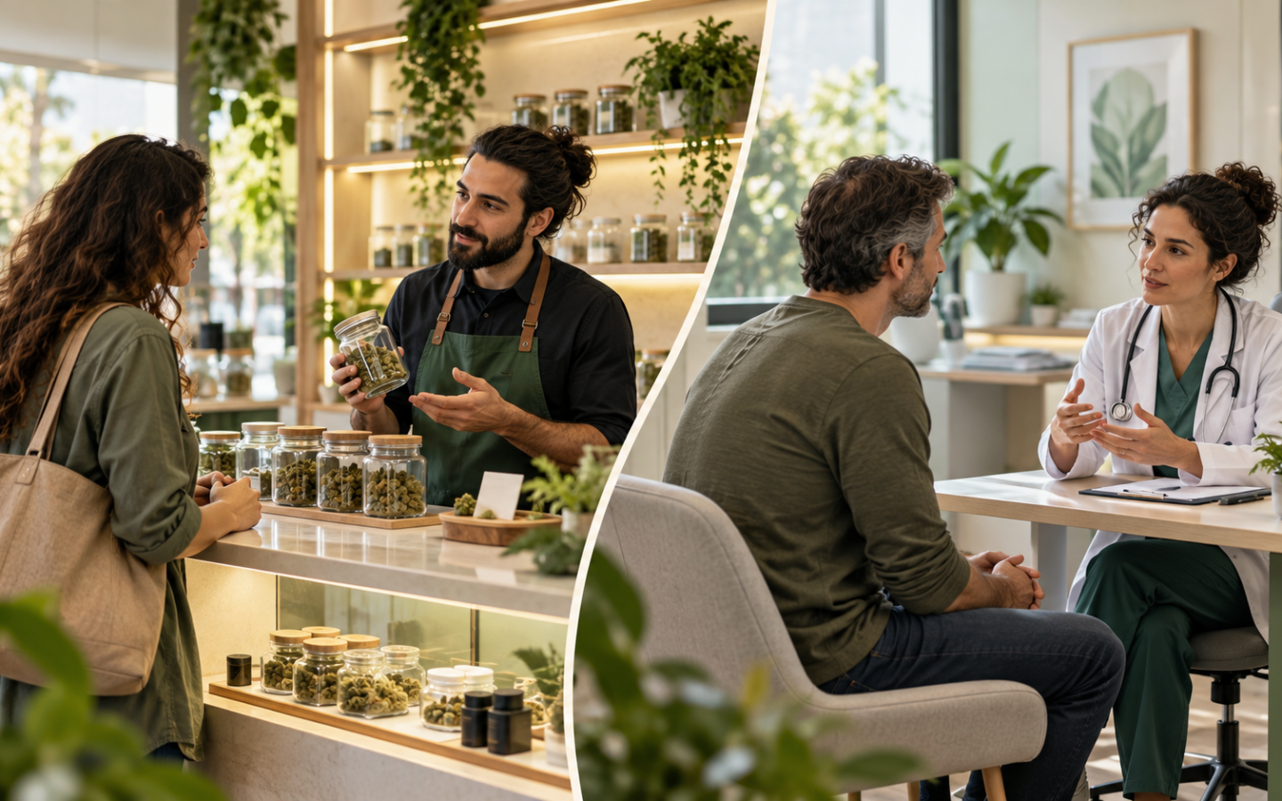 עובד בחנות קנאביס ואשת רפואה כמקורות מידע שונים לצרכנים